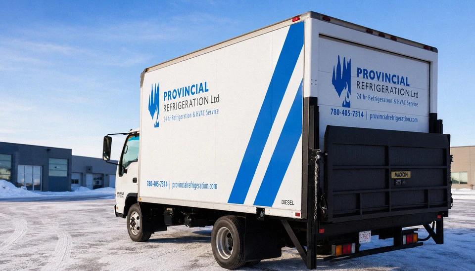 Provincial Refrigeration branded box truck parked in a snowy industrial lot under a clear blue sky