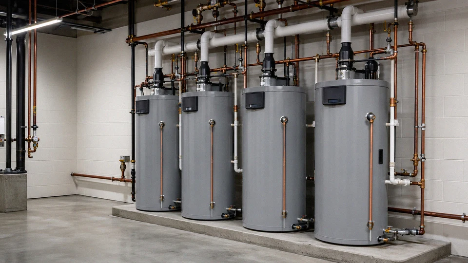 Four commercial water heaters connected by copper and black piping in a clean mechanical room