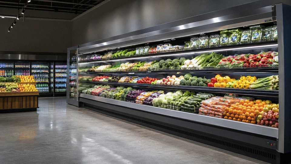 Long refrigerated open display case stocked with fresh produce in a modern grocery store, with glass-door coolers along the far wall